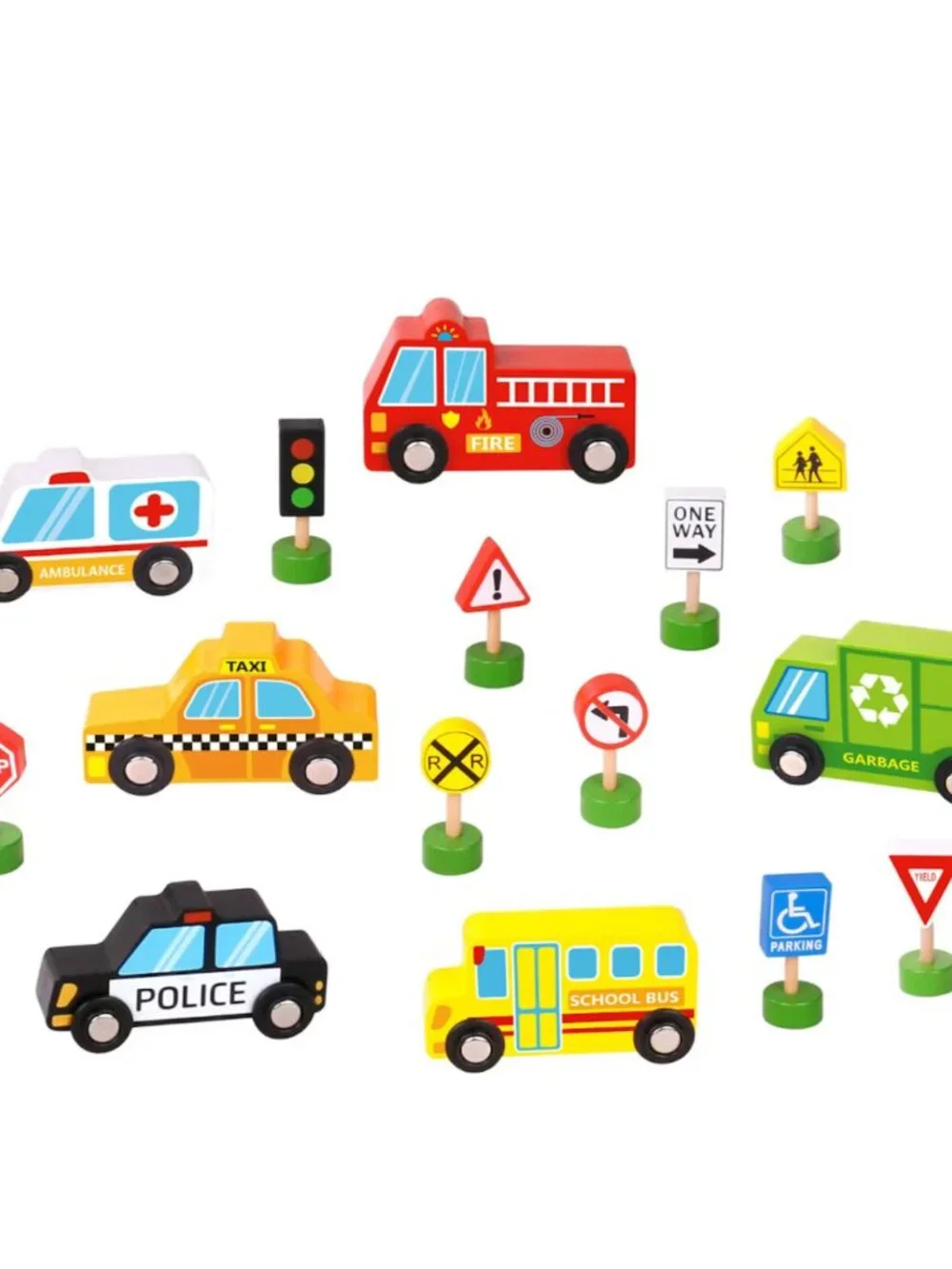 Montessori Wooden Transportation Vehicles & Road Signs Toy Set New